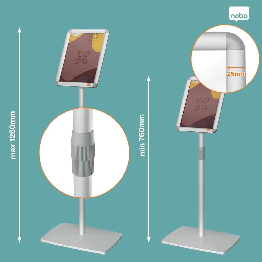 Hauteur réglable et profilé de 25 mm du porte affiche sur pied nobo Essence A4