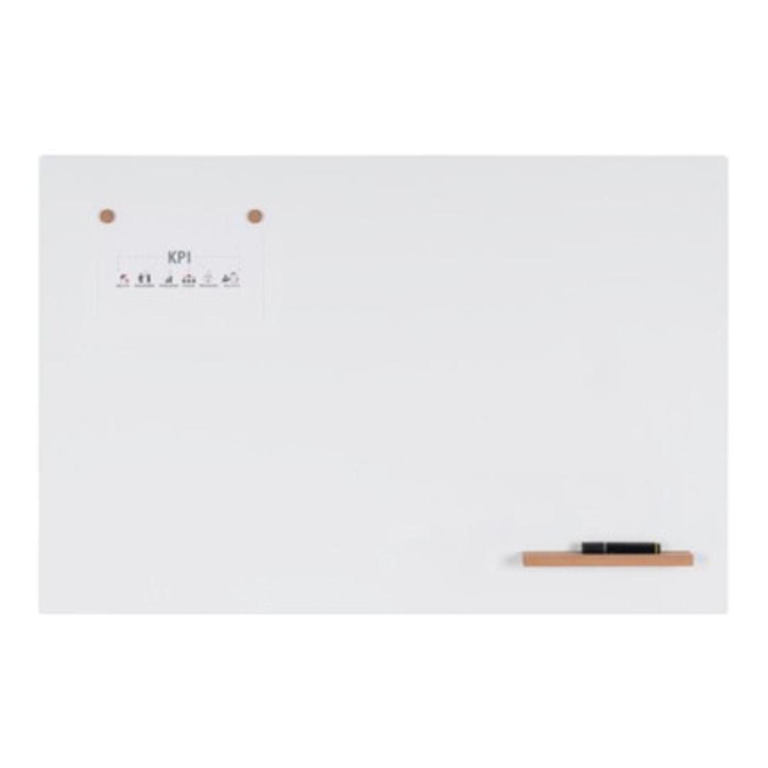 Tableau blanc Bi-Office LOOP avec aimants, feutre posé sur l'auget en bois
