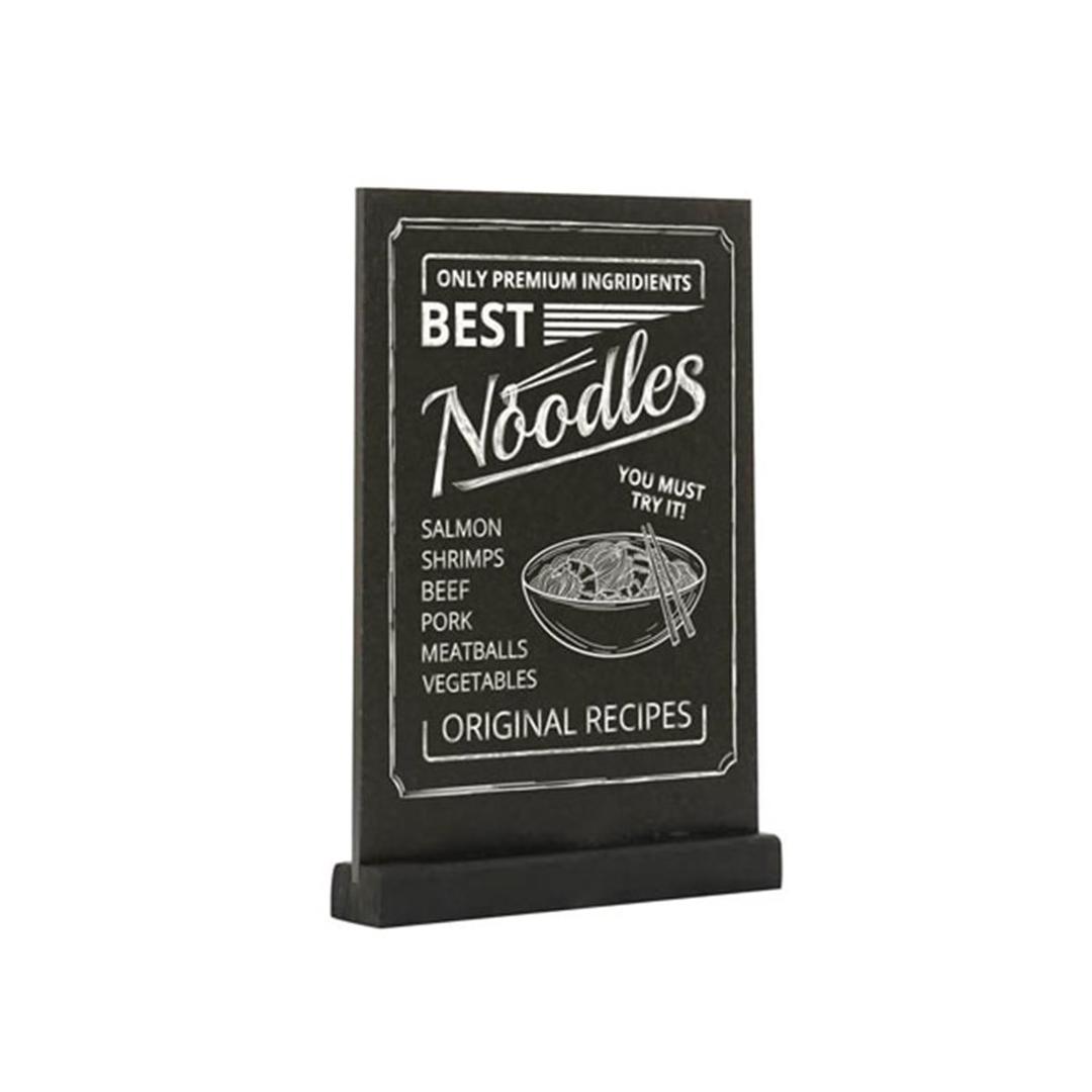 Ardoise de table EUROPEL A4 portrait, pied noir, avec un menu écrit