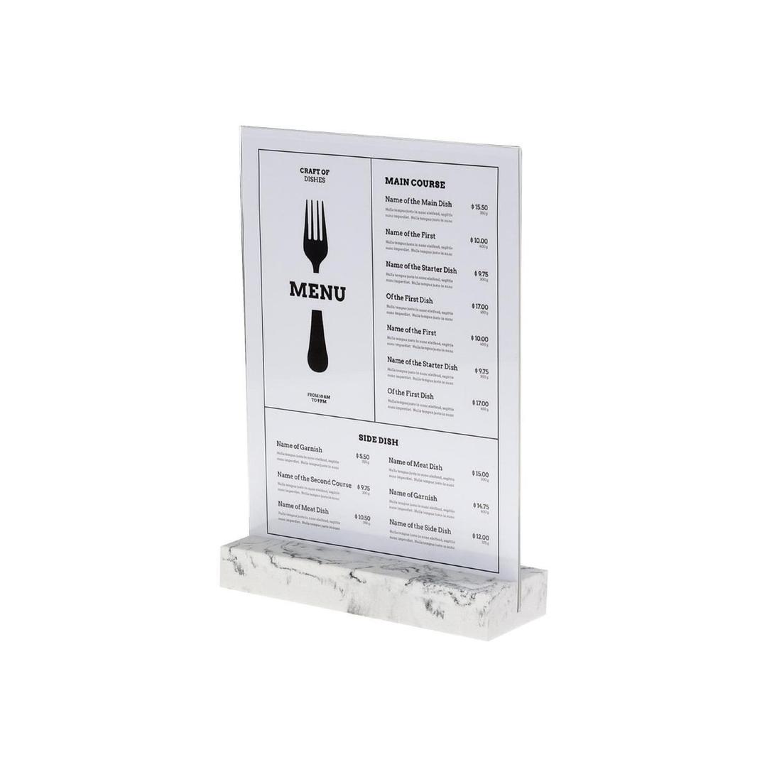 Présentoir de table en T EUROPEL A4 portrait, socle blanc, avec un menu