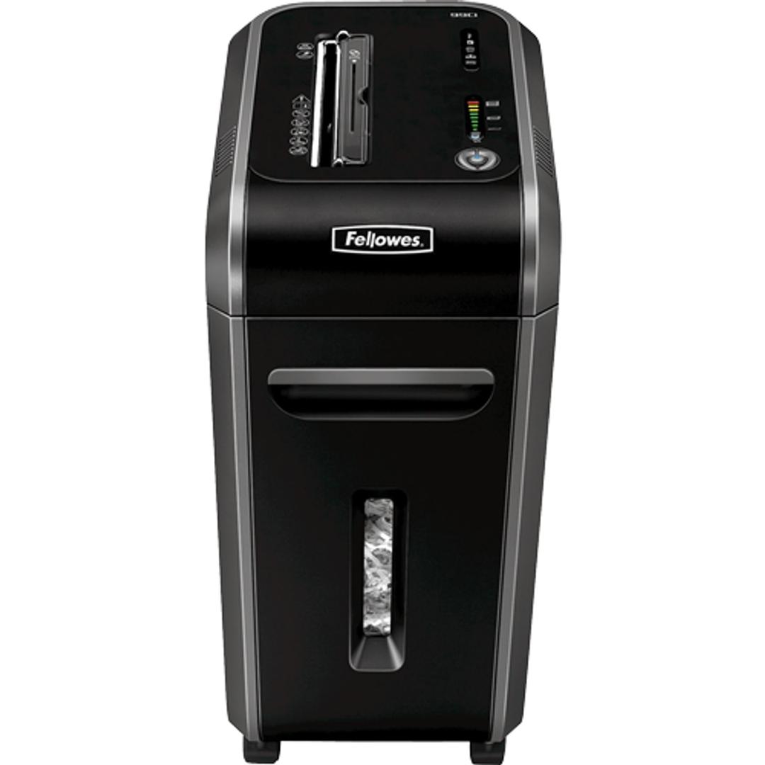 Destructeur de papier Fellowes Powershred 99Ci de face sur roulettes avec niveau de remplissage.