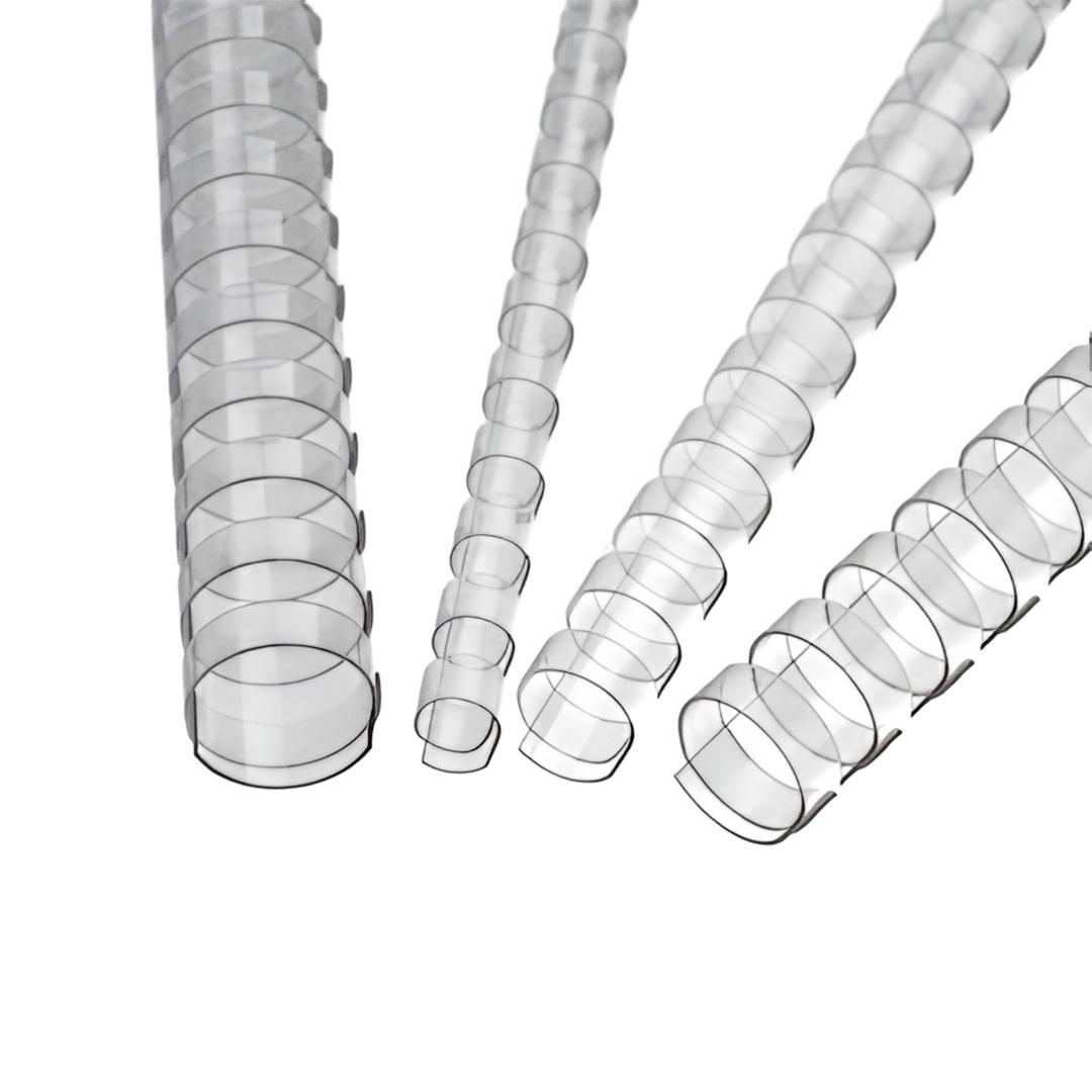 Peignes anneaux plastiques A4 21 boucles 12 mm (1/2'') Pas US transparents x100 — Quatre peignes de reliure plastiques transparents de diamètres différents, posés en diagonale, anneaux ouverts vers l'avant