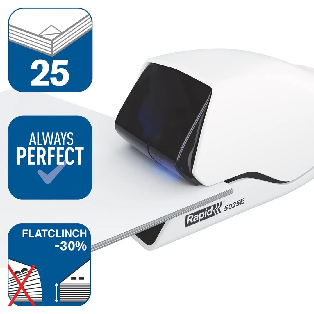 Agrafeuse électrique Rapid Supreme 5025E : 25 feuilles, agrafage à plat qui réduit l'épaisseur de 30 %.