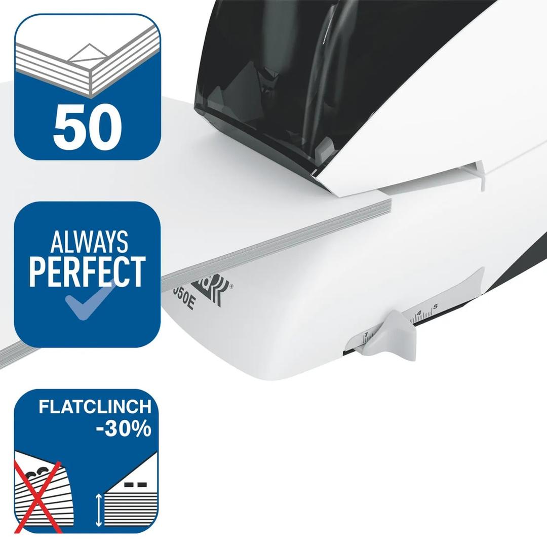 Agrafeuse électrique Rapid Supreme 5050E : 50 feuilles, agrafage à plat qui réduit l'épaisseur de 30 %.
