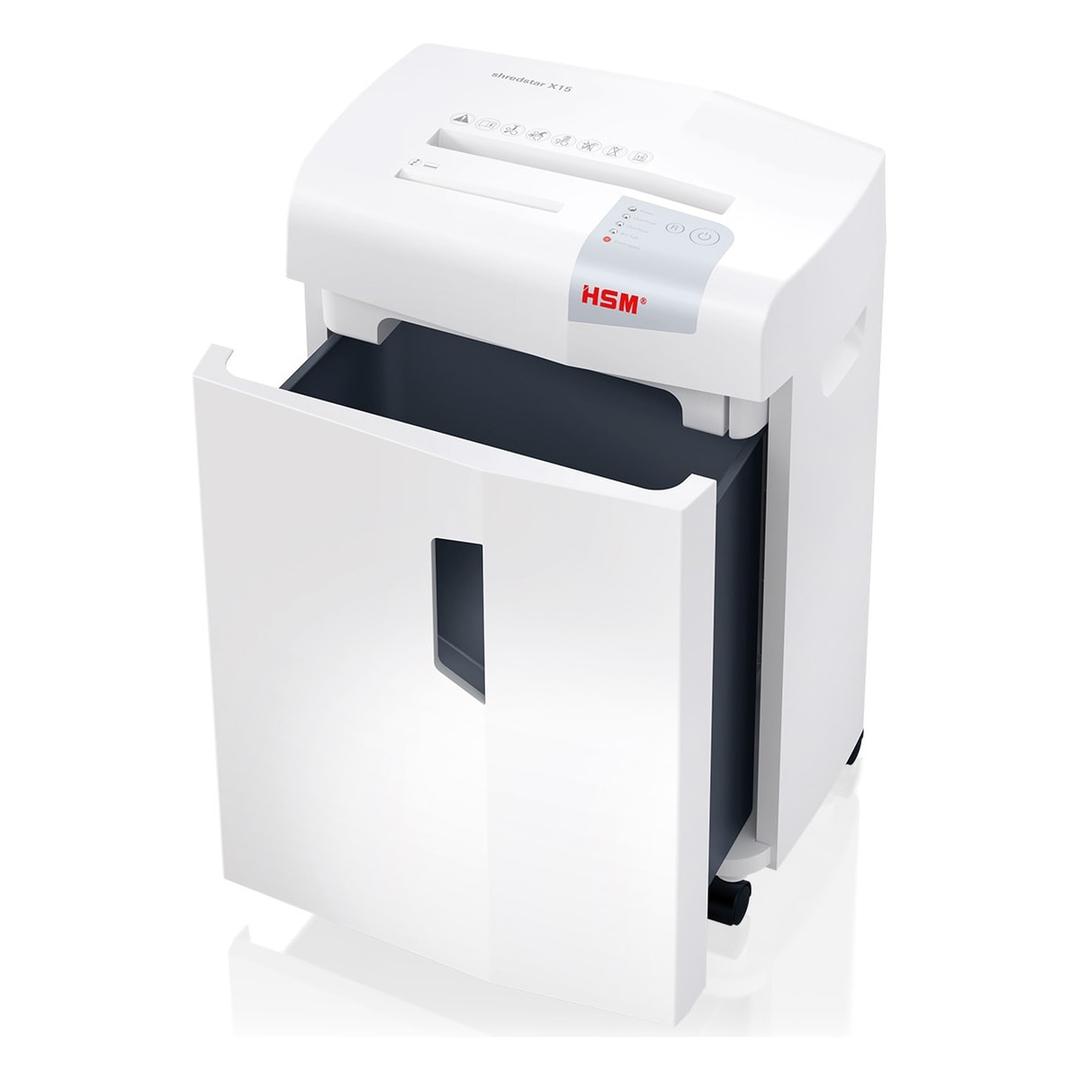 Destructeur de documents HSM shredstar X15, porte ouverte et corbeille de 30 litres sortie