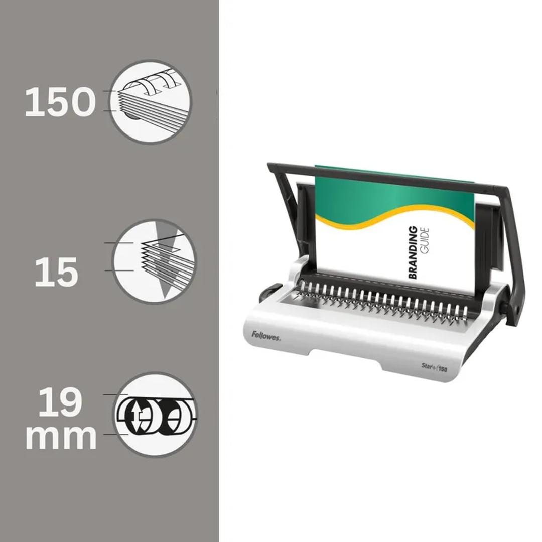 Perforelieuse FELLOWES Star +150 de trois quarts, document en place, repères 150 feuilles et 19 mm