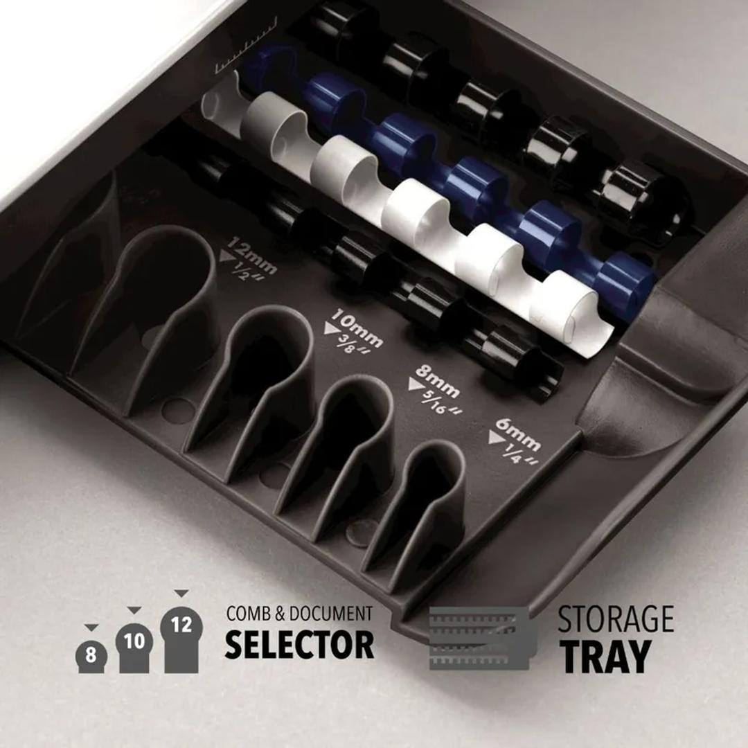 Tiroir de la FELLOWES Star +150 : sélecteur d'anneaux 6 à 12 mm et peignes plastiques rangés