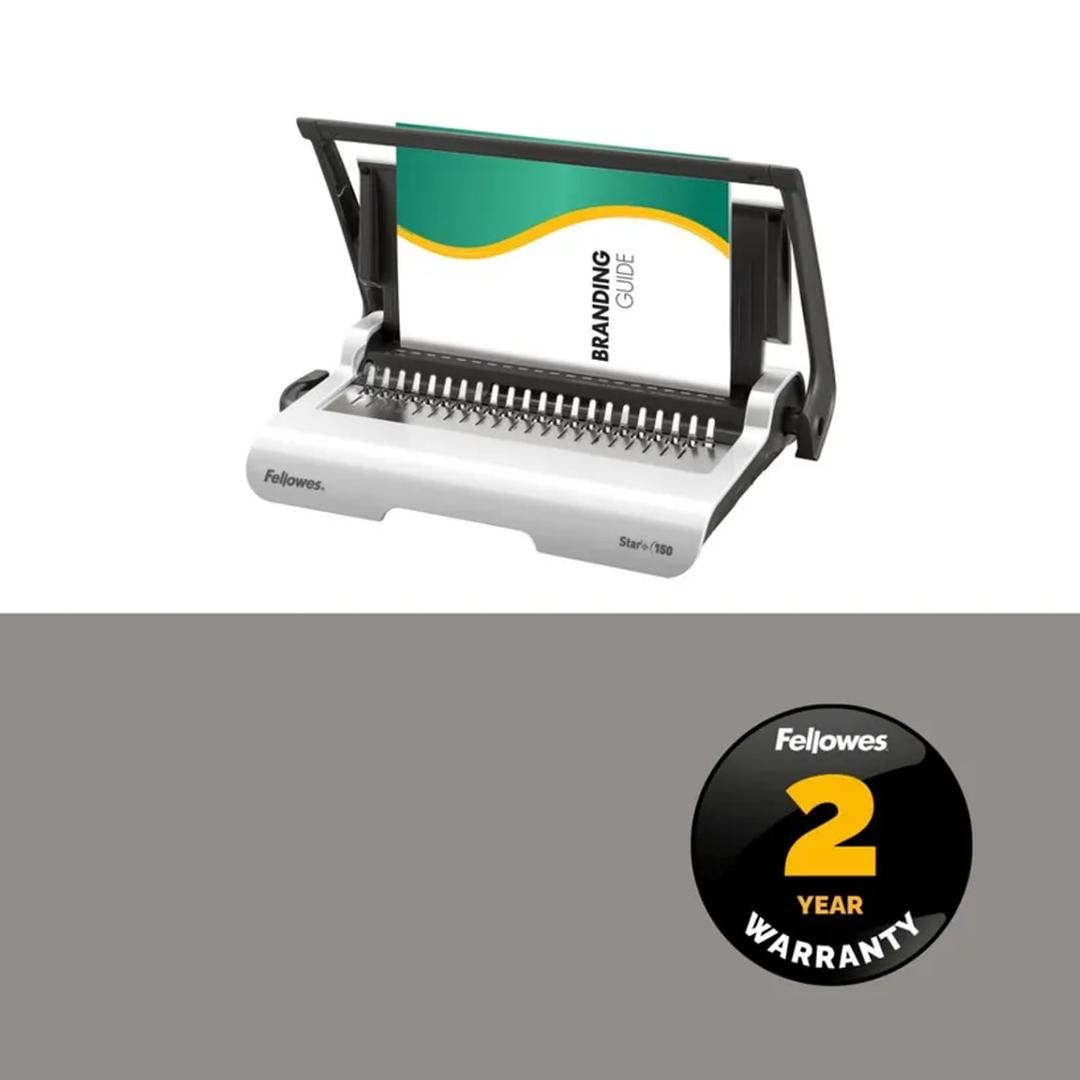 Perforelieuse FELLOWES Star +150 ouverte de face, document engagé, macaron garantie 2 ans
