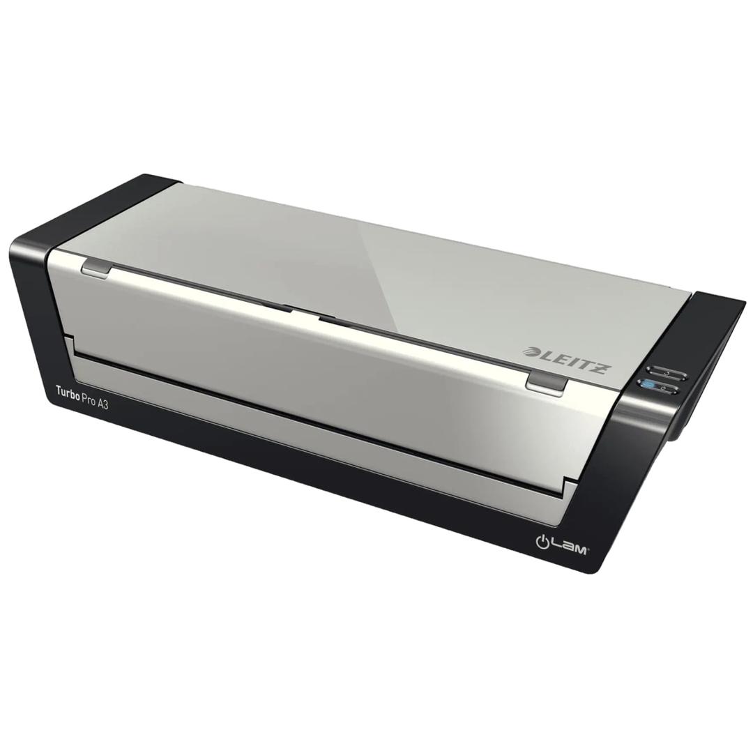 La plastifieuse à pochettes Leitz iLAM Touch Turbo Pro A3 vue de face, capot argent