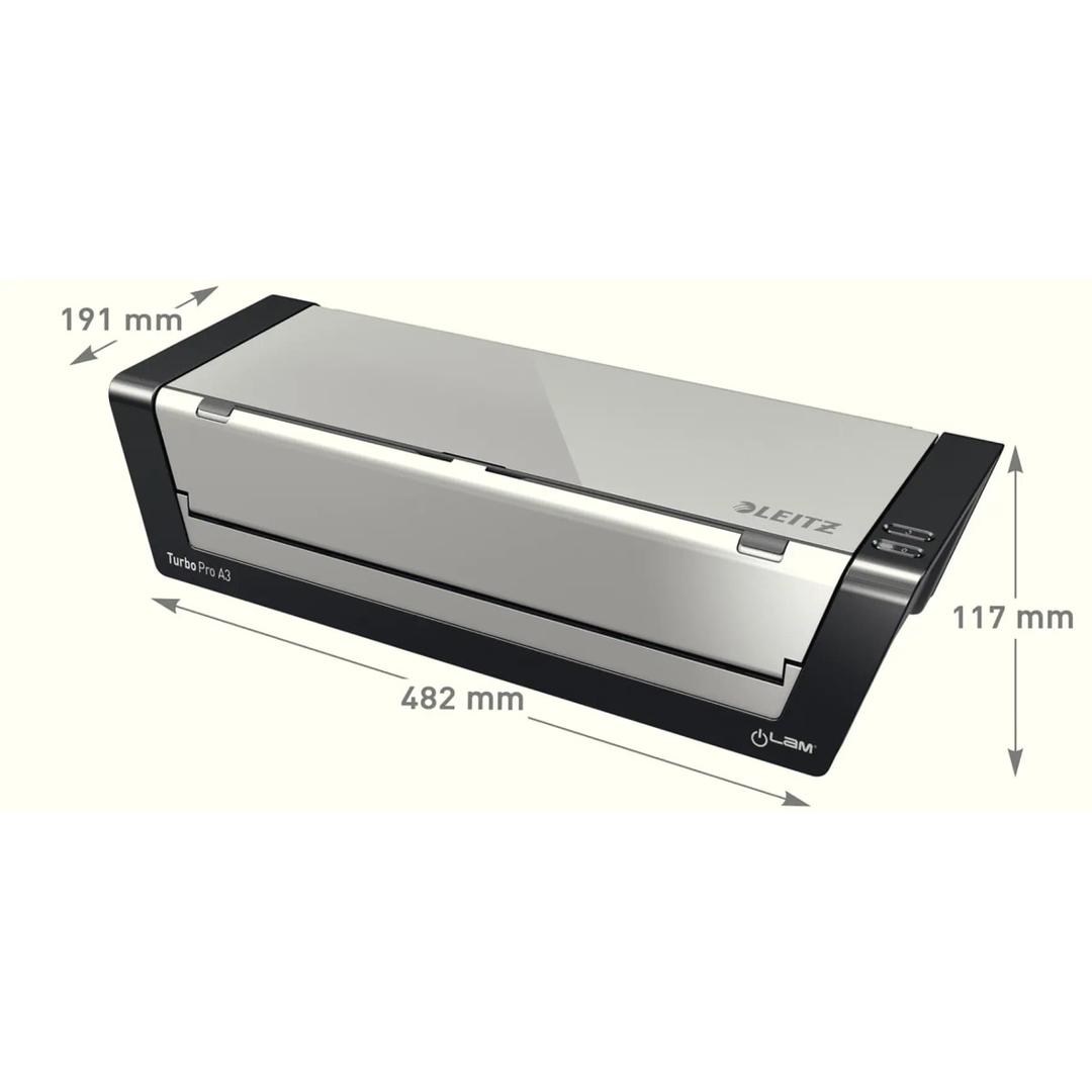Cotes de la plastifieuse à pochettes Leitz iLAM Touch Turbo Pro A3 : 482 mm de large, 191 mm de profondeur, 117 mm de haut