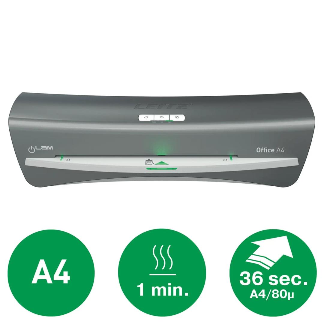 La plastifieuse à pochettes Leitz iLAM Office A4 : format A4, 1 minute de chauffe, une feuille A4 en 36 secondes