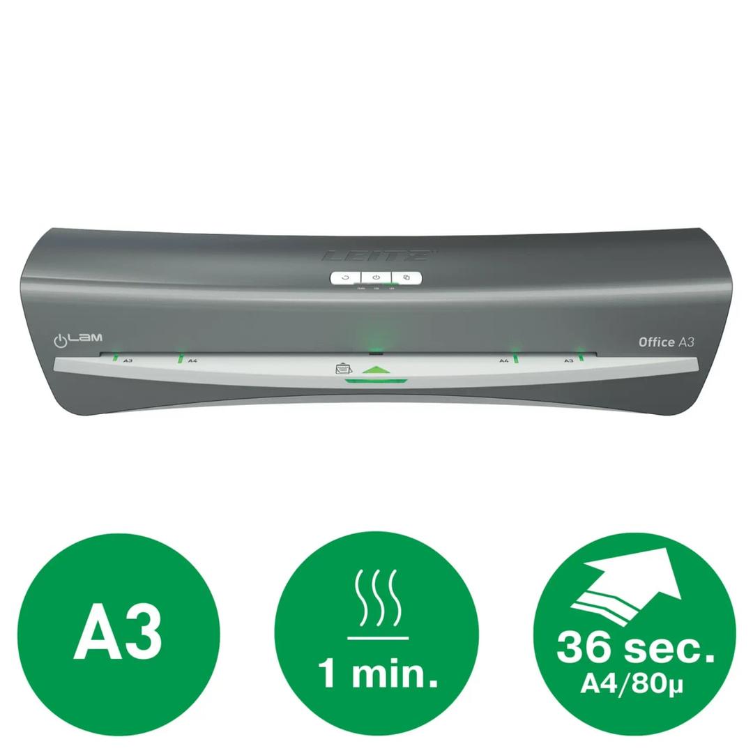 La plastifieuse à pochettes Leitz iLAM Office A3 : format A3, 1 minute de chauffe, une feuille A4 en 36 secondes