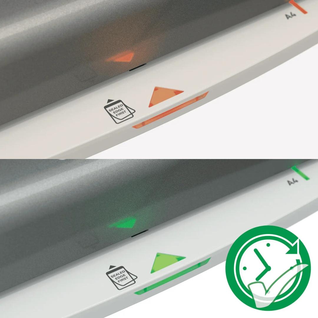 Voyant d'état SMART de la plastifieuse à pochettes Leitz iLAM Office A3, rouge pendant la chauffe puis vert