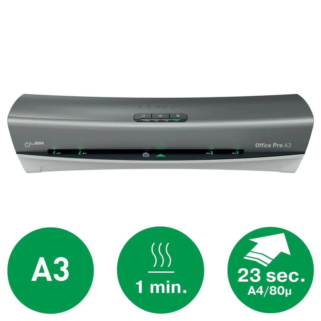 La plastifieuse à pochettes Leitz iLAM Office Pro A3 : format A3, 1 minute de chauffe, une feuille A4 en 23 secondes