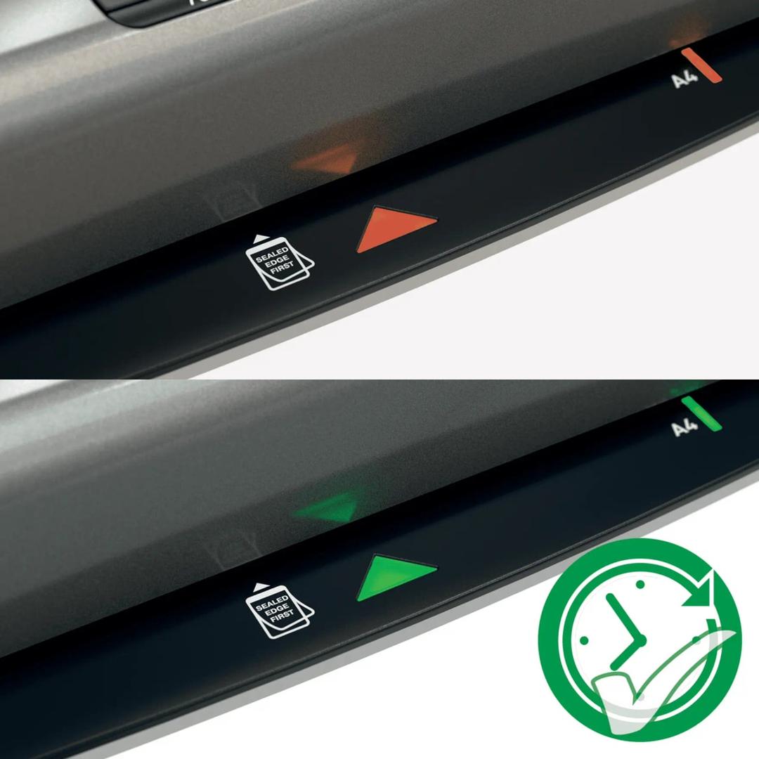 Voyant d'état SMART de la plastifieuse à pochettes Leitz iLAM Office Pro A3, rouge pendant la chauffe puis vert