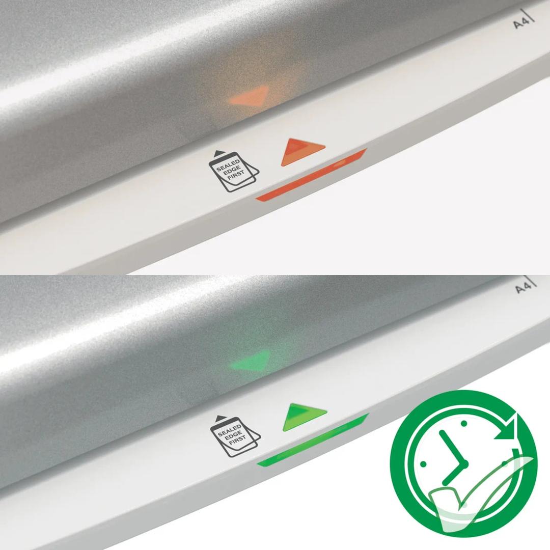 Voyant d'état SMART de la plastifieuse à pochettes Leitz iLAM Home Office A4, rouge pendant la chauffe puis vert