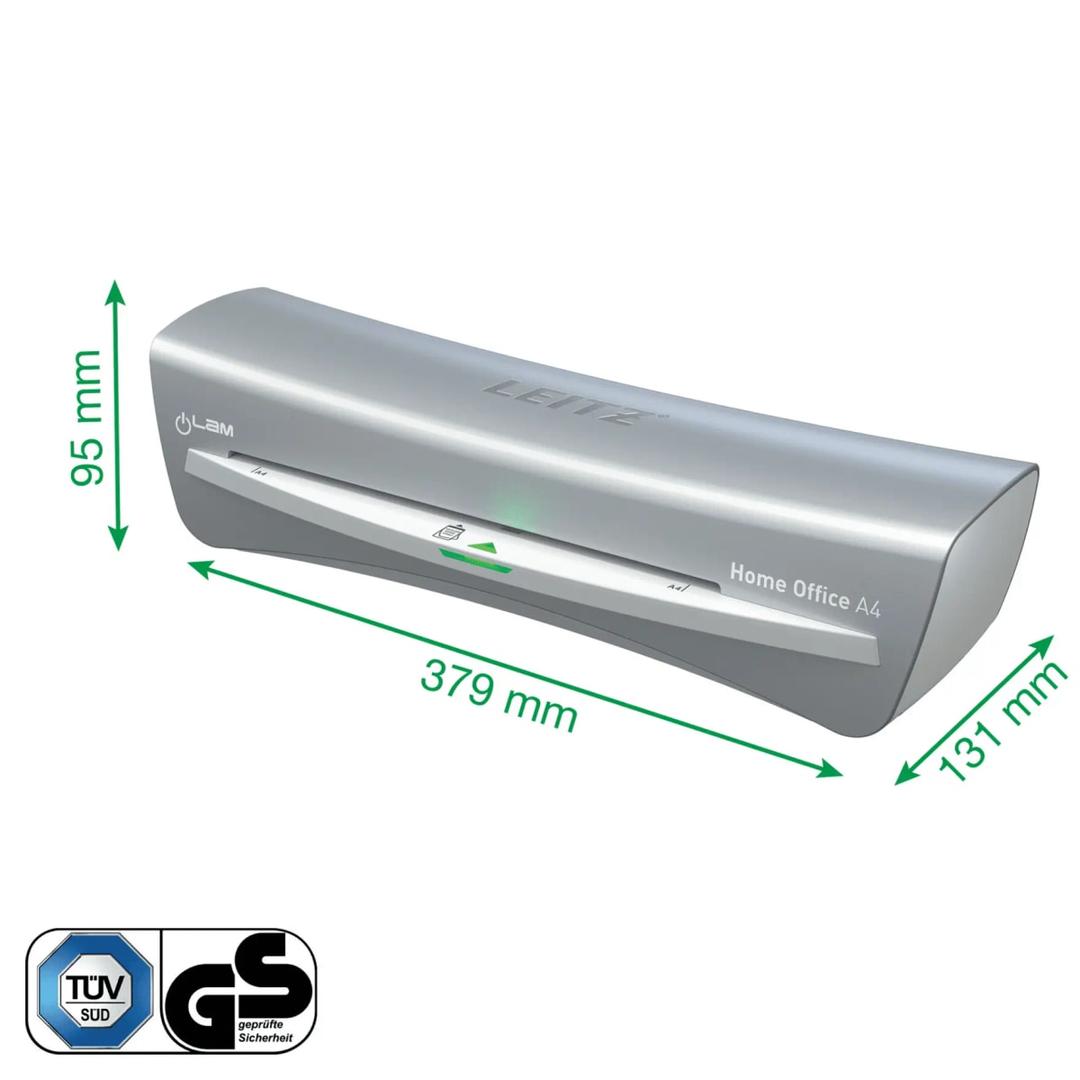 Cotes de la plastifieuse à pochettes Leitz iLAM Home Office A4 : 379 mm de large, 131 mm de profondeur, 95 mm de haut