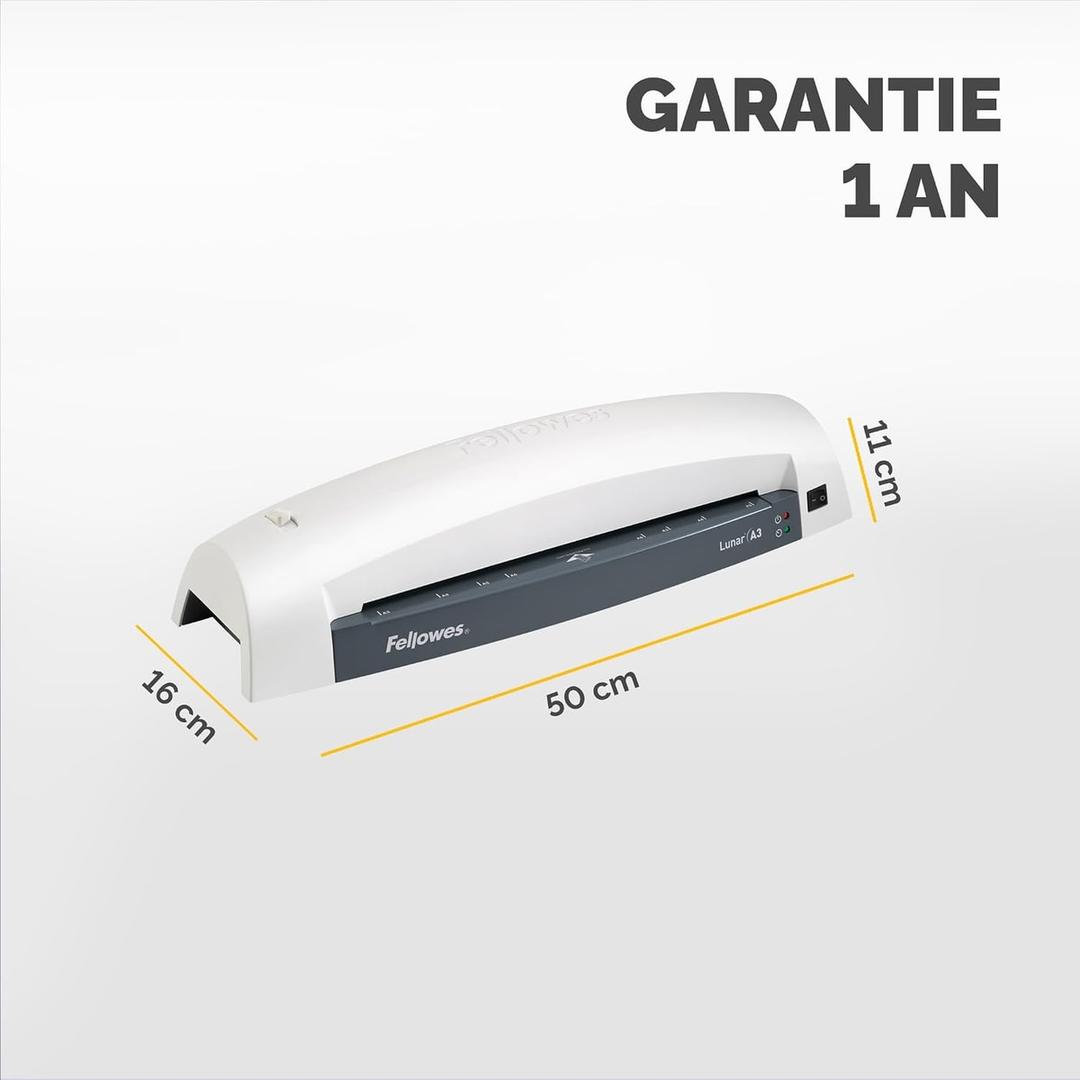 Cotes de la plastifieuse à pochettes Fellowes Lunar A3 : 50 cm de large, 16 cm de profondeur, 11 cm de haut