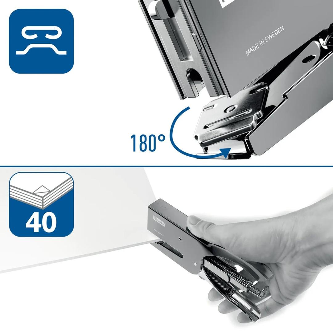 Enclume réglable et capacité de 40 feuilles de la pince agrafeuse Rapid Classic Jaky PrestoJak blanche.
