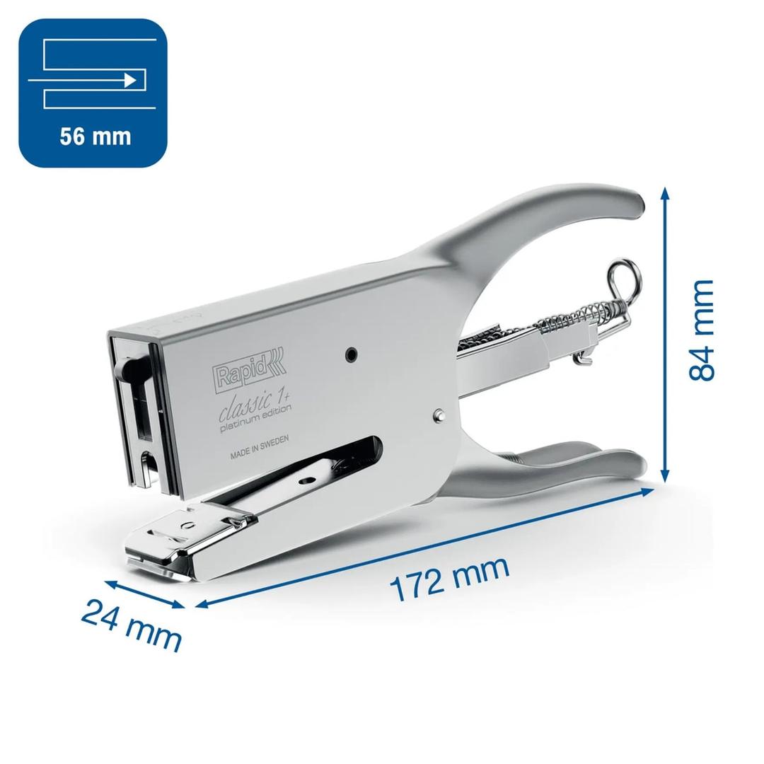Pince agrafeuse Rapid Classic K1+ Platinum avec ses cotes en millimètres et sa profondeur de 56 mm.