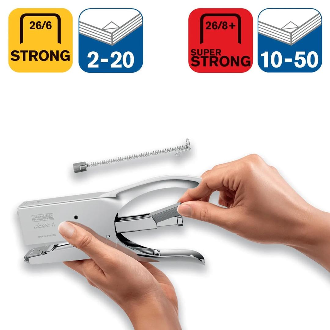 Rechargement par l'arrière de la pince agrafeuse Rapid Classic K1+ Platinum, avec les agrafes 26/6 Strong et 26/8+ Superstrong.