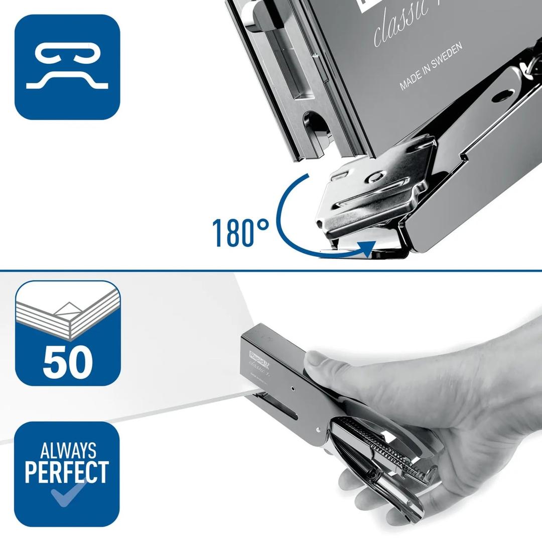Enclume réglable, capacité de 50 feuilles et prise en main de la pince agrafeuse Rapid Classic K1+ noire.