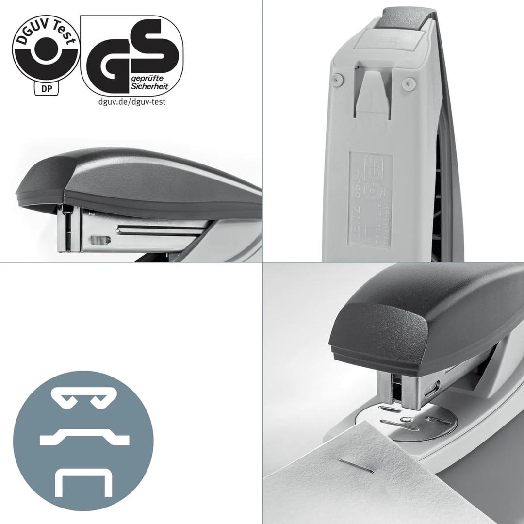 Détails de l'agrafeuse de bureau Leitz NeXXt Recycle 5604 verte : tête, arrière, marquage GS et formes d'agrafage.