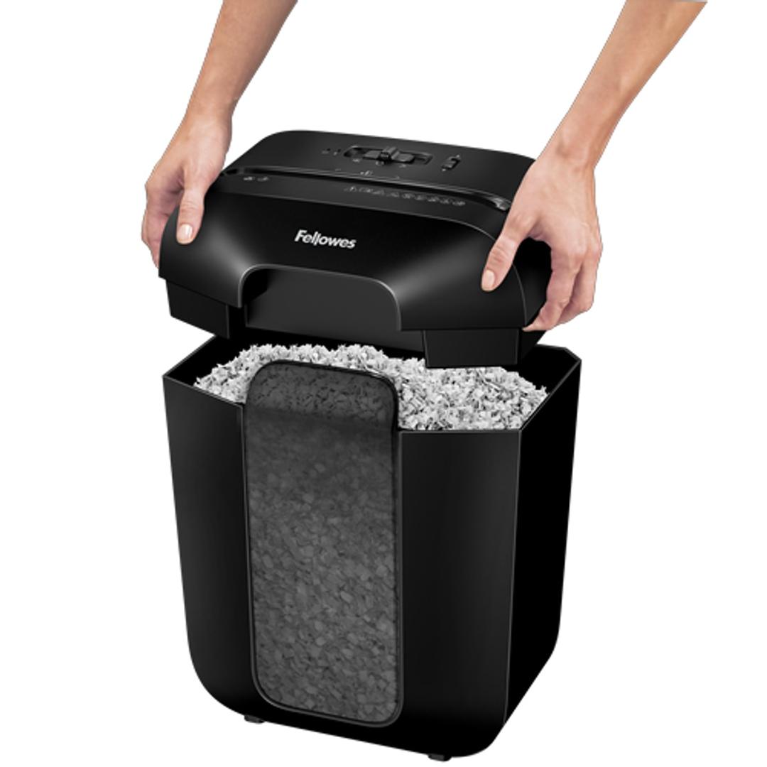 Destructeur coupe croisée P4 LX41 Mini-Cut Powershred FELLOWES — Bloc de coupe pose sur son bac - destructeur de papier fellowes