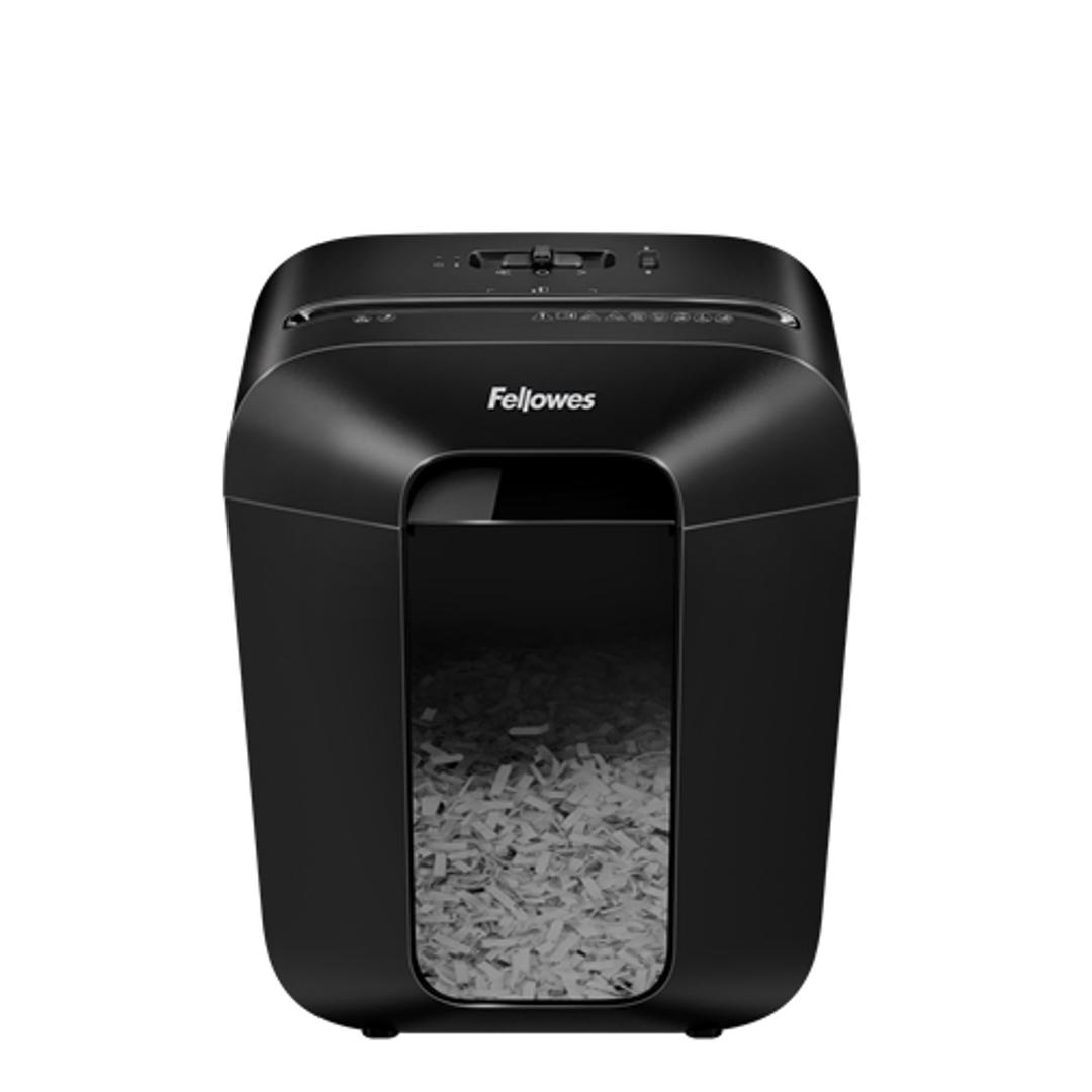 Destructeur coupe croisée P4 LX50 Powershred noir FELLOWES — Vue de face - Fenêtre de visualisation du remplissage du bac - Destructeur de papier Fellowes