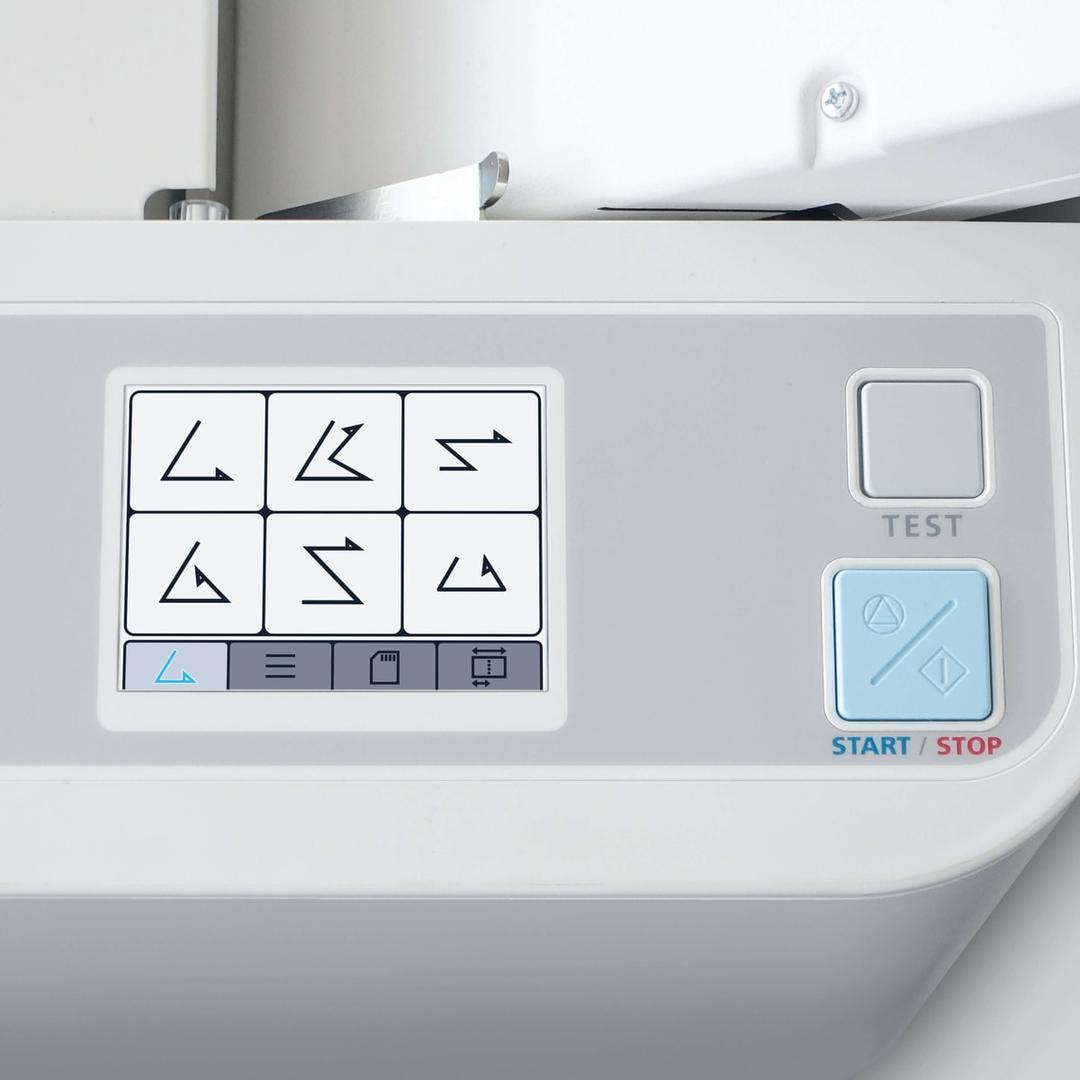 Plieuse de documents A3 automatique 8345 IDEAL - Choix du pli sur l'écran tactile de la plieuse IDEAL 8345, avec les touches Test et Start/Stop
