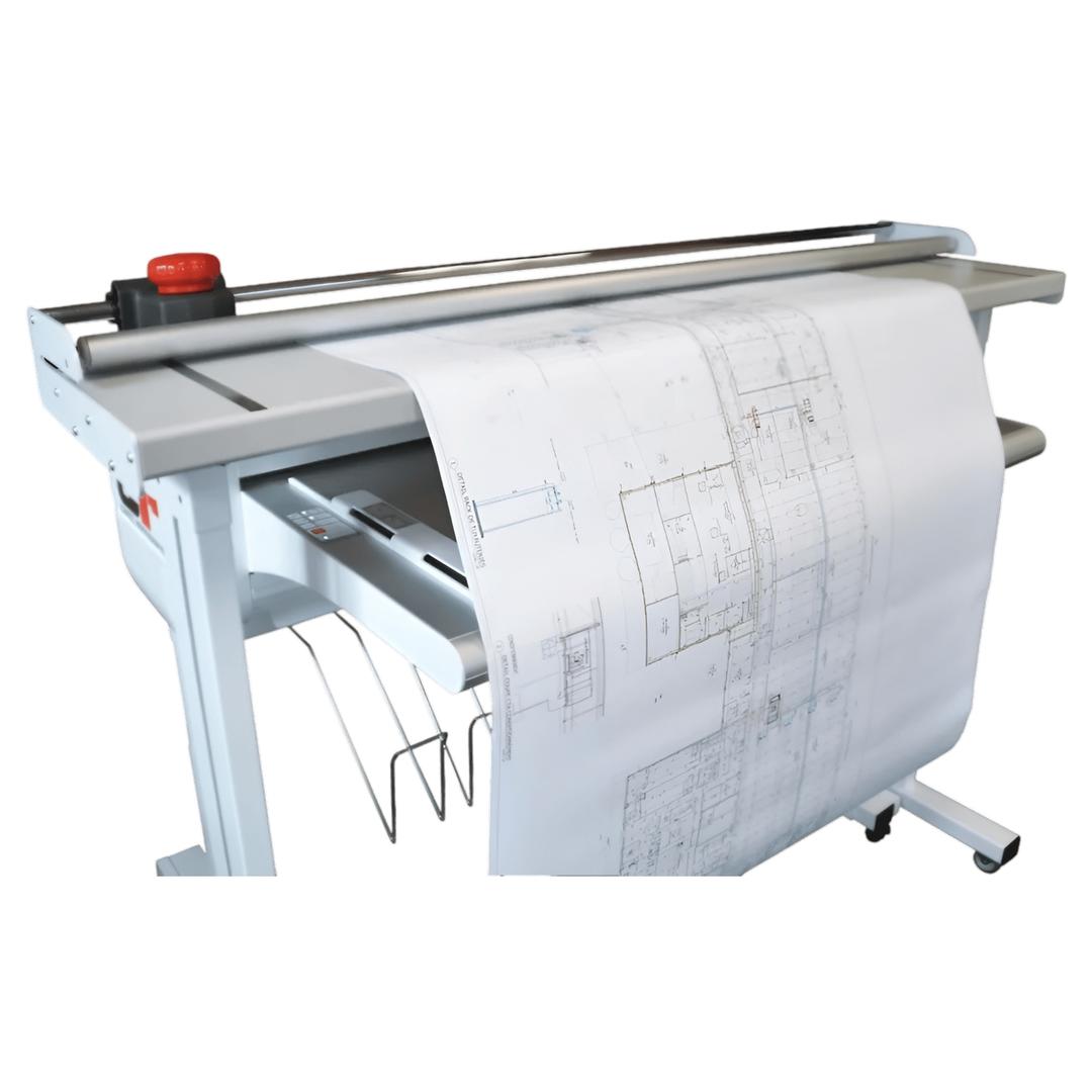 Combiné plieuse et coupeuse de plans électrique Powercosinus Evo XL CHATEL REPROGRAPHIE — Vue coté avec plan