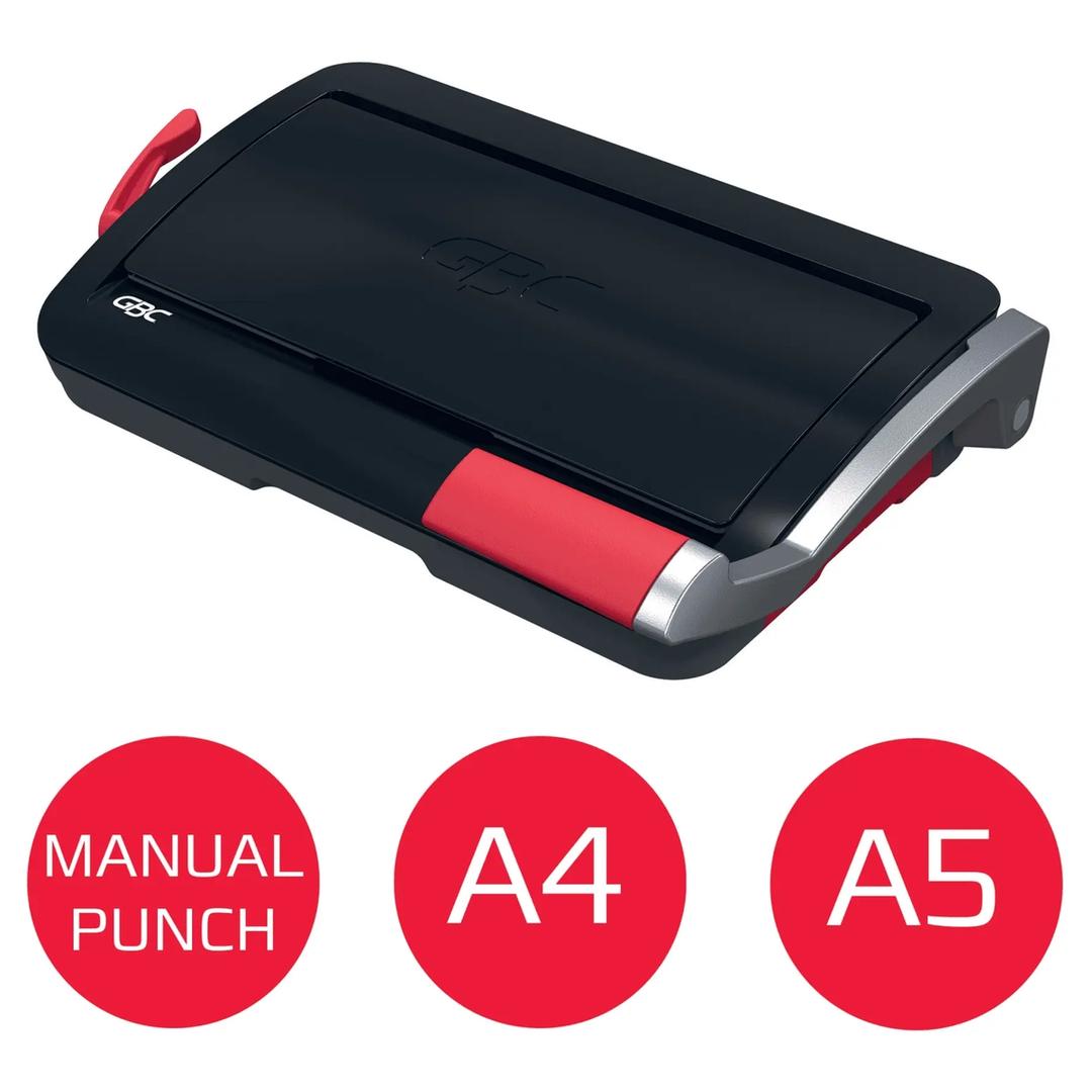 Perforelieuse manuelle à peignes plastiques, 12 feuilles CombBind CB12 GBC - Fermée en position compacte avec indication de compatibilité a4 et a5