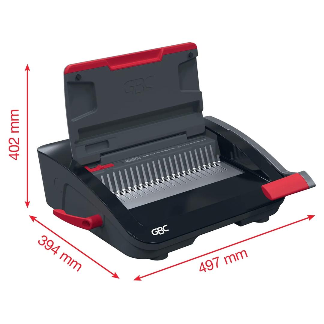 Perforelieuse manuelle à peignes plastiques, 20 feuilles CombBind CB20 GBC - Dimensions présentées avec capot ouvert et flèches de mesure en millimètres