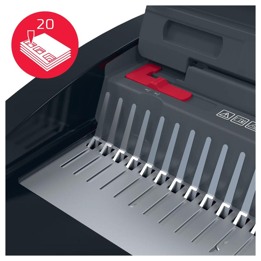 Perforelieuse manuelle à peignes plastiques, 20 feuilles CombBind CB20 GBC - Gros plan sur la réglette de perforation avec pictogramme capacité 20 feuilles