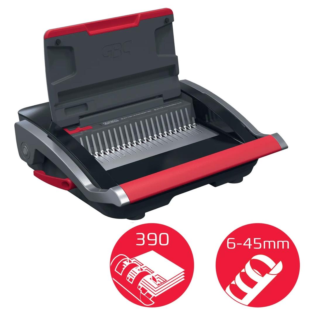 Perforelieuse manuelle à peignes plastiques, 25 feuilles CombBind CB25 GBC - Ouverte avec peigne de reliure et indication capacité 390 feuilles, reliure 6 à 45 mm