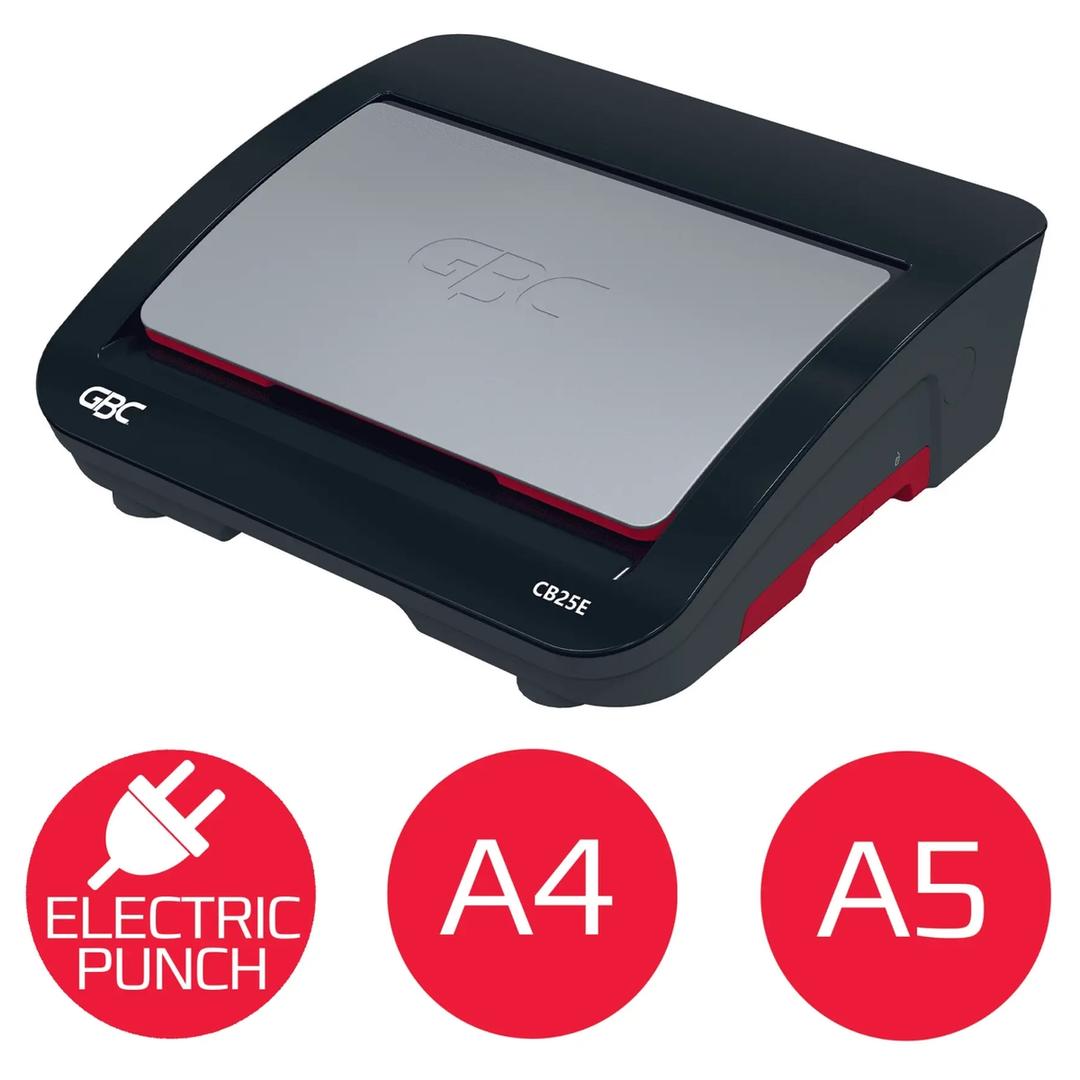 Perforelieuse électrique à peignes plastiques, 25 feuilles CombBind CB25E GBC - Fermée avec pictogrammes a4 a5 electric punch