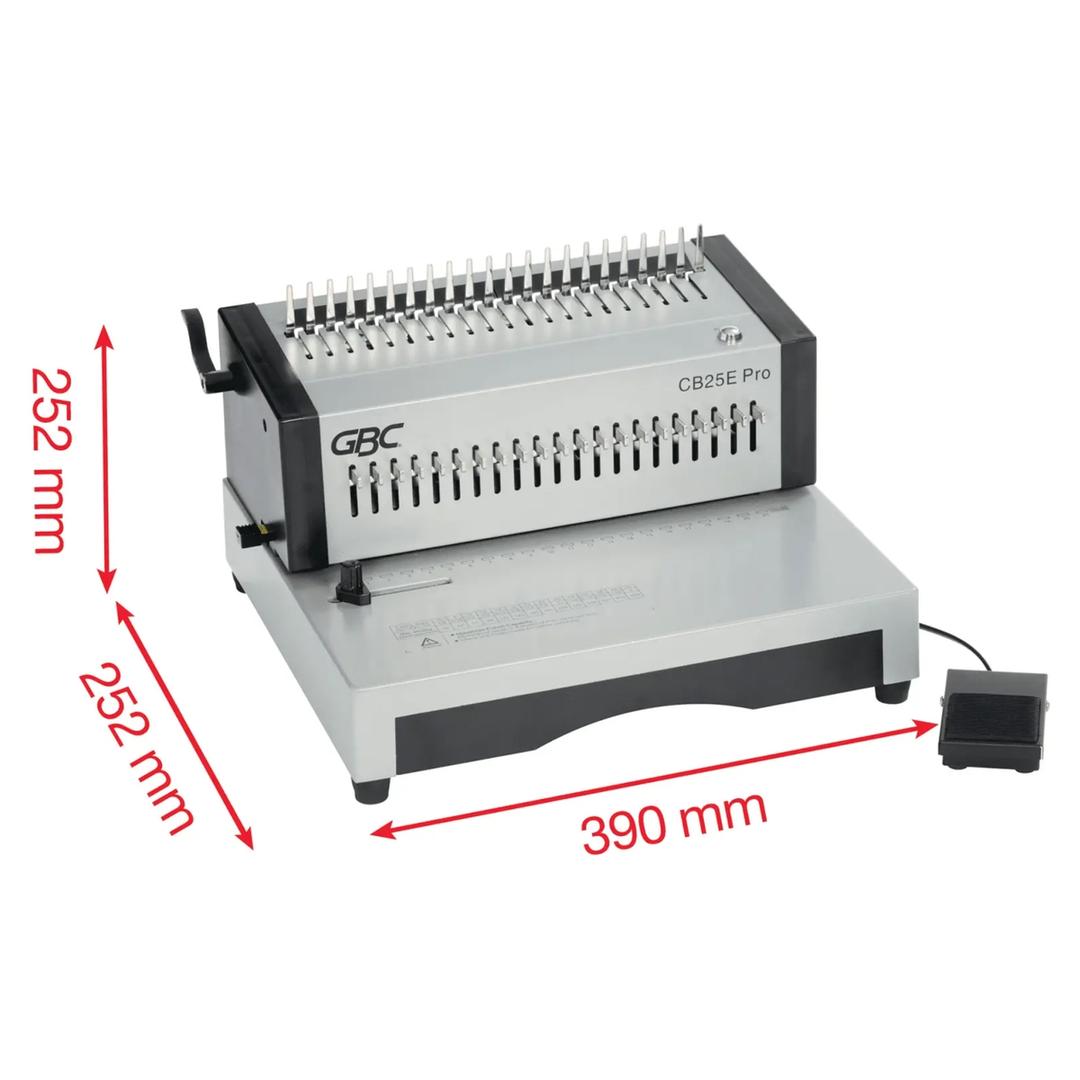 Perforelieuse électrique à pédale, peignes plastiques CB25E Pro GBC - Avec pédale de commande et dimensions 390 x 252 x 252 mm