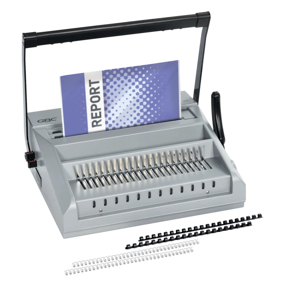 Perforelieur GBC MultiBind MB20 avec un document et des anneaux métalliques