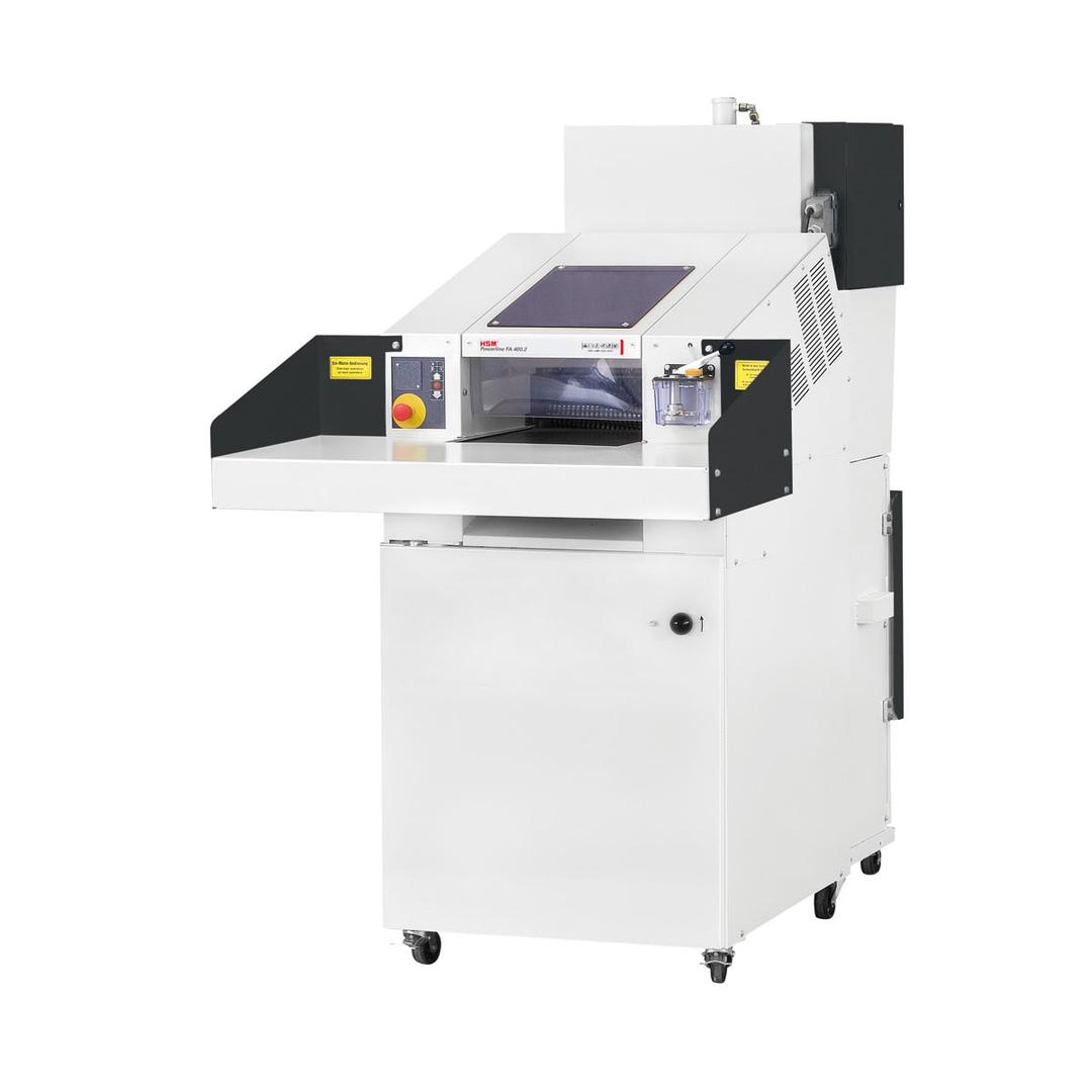 Combinaison destructeur-presse, coupe croisée P-3 Powerline SP 4040 V 5,8 x 50 mm HSM - Combinaison destructeur-presse HSM Powerline SP 4040 V vue de face, table de chargement et presse verticale