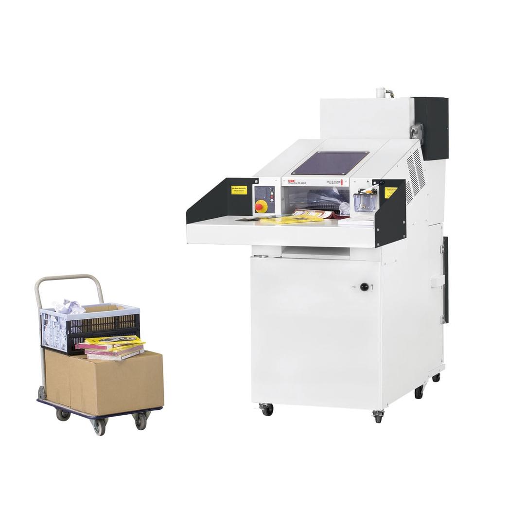 Combinaison destructeur-presse, coupe croisée P-4 Powerline SP 4040 V 3,9 x 40 mm HSM - Combinaison HSM Powerline SP 4040 V avec le chariot d'éjection et un carton de papier compressé