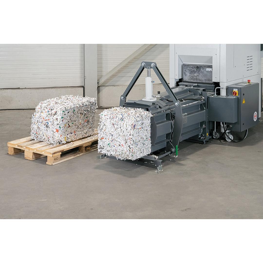 Combinaison destructeur-presse, coupe croisée P-2 Powerline SP 5088 10,5 x 40-76 mm HSM - Balle de papier compressé de 90 kg sortie du canal de la presse de la combinaison HSM Powerline SP 5088