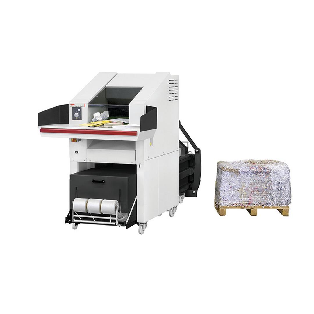 Combinaison destructeur-presse, coupe croisée P-4 Powerline SP 5088 3,9 x 40 mm HSM - Combinaison HSM Powerline SP 5088 avec une balle de papier compressé et ligaturé
