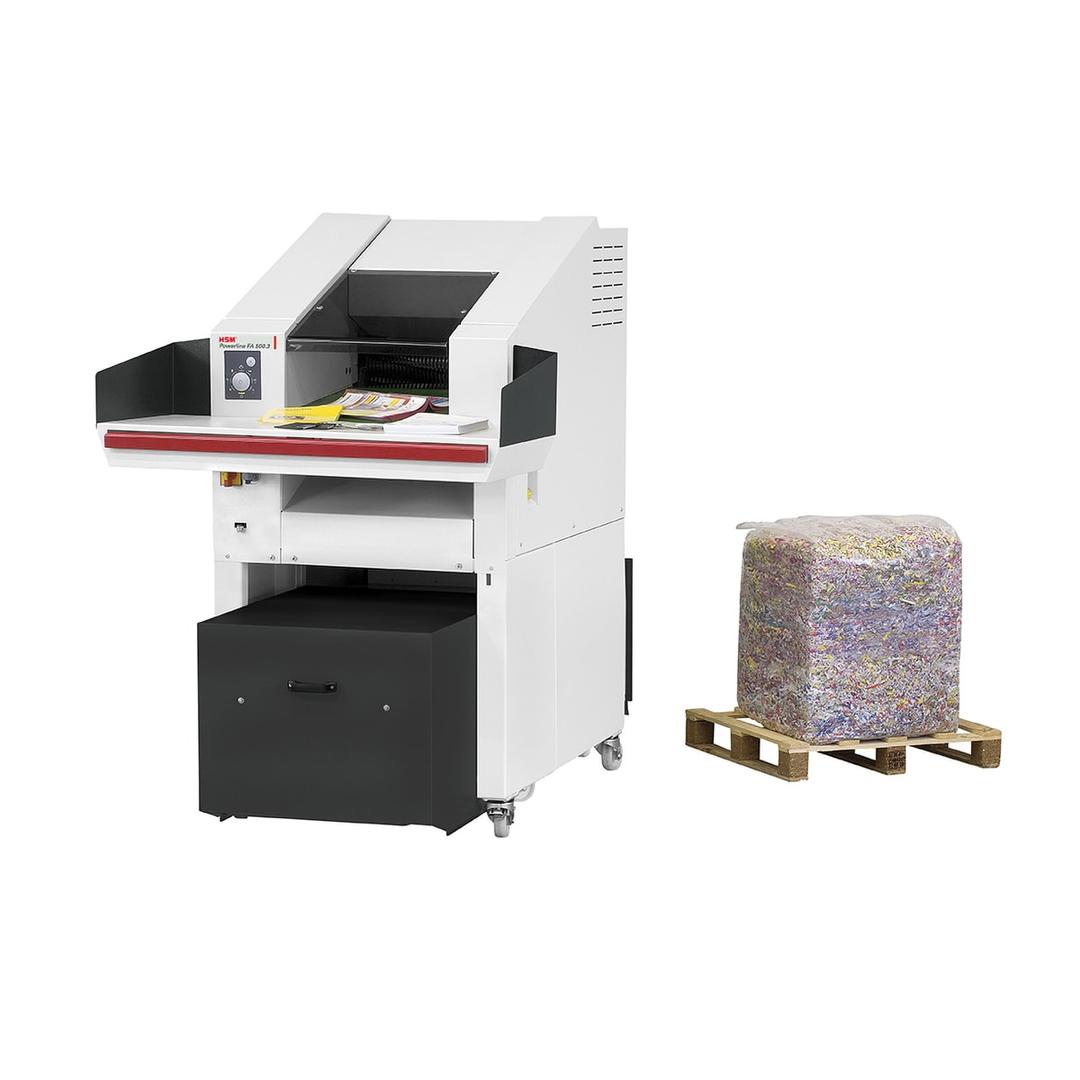 Combinaison destructeur-presse, coupe croisée P-2 Powerline SP 5080 10,5 x 40-76 mm HSM - Combinaison destructeur-presse HSM Powerline SP 5080 avec une balle de papier compressé sur palette