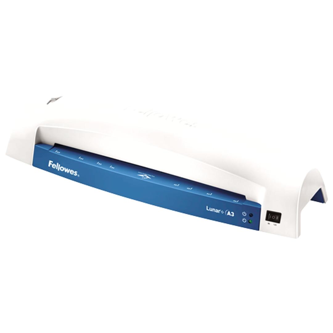 Plastifieuse à pochettes Fellowes Lunar+ A3 vue de trois quarts gauche, bandeau bleu