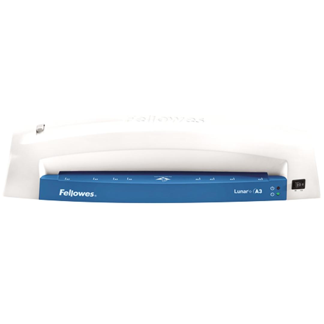 Plastifieuse à pochettes Fellowes Lunar+ A3 de face, voyants et interrupteur à droite