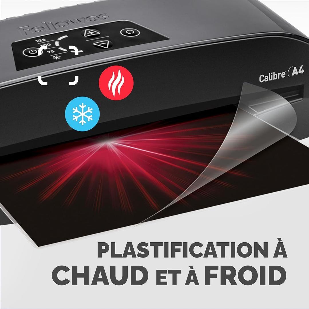 Bandeau de la plastifieuse à pochettes Fellowes Calibre A4, pictogrammes de plastification à chaud et à froid