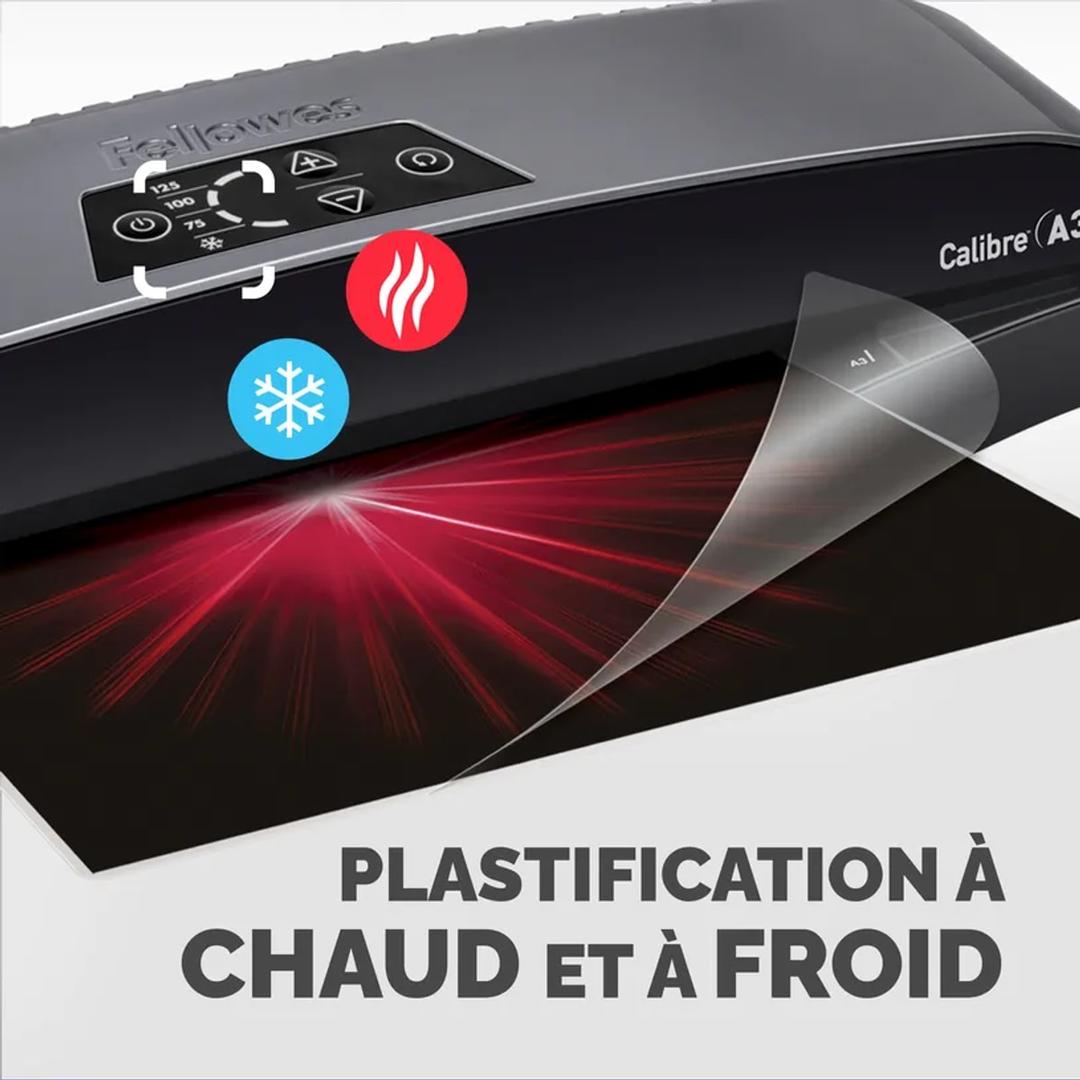 Bandeau de la plastifieuse à pochettes Fellowes Calibre A3, pictogrammes de plastification à chaud et à froid