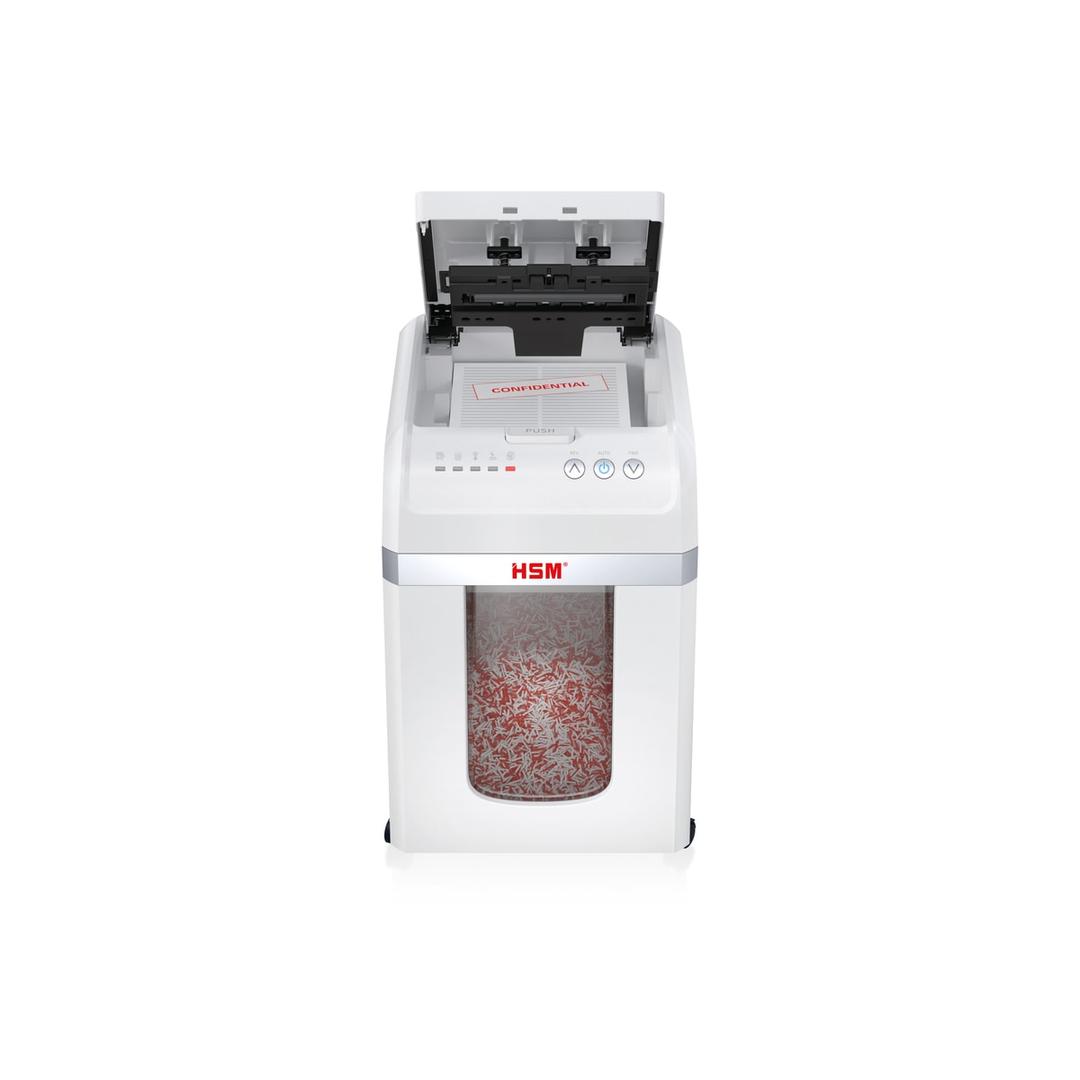 Destructeur de documents à alimentation automatique P-4 shredstar Autofeed X200 HSM — Destructeur de documents très confidentiels Hsm Shredstar Autofeed X200pro - 2 x 10 mm - Coupe micro-particules - P5 -Capot d'alimentation ouvert sur une pile de documents confidentiels