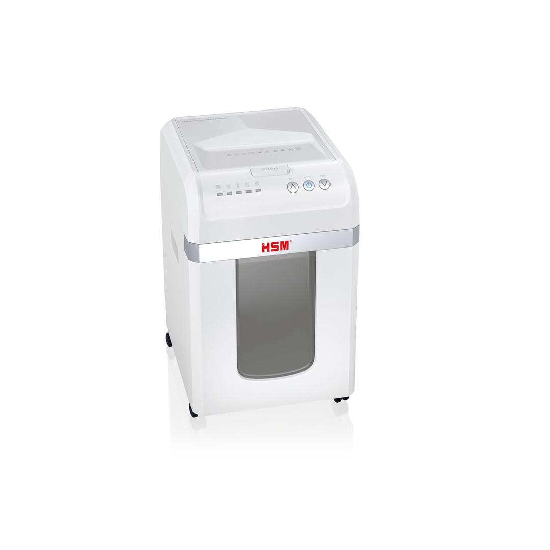 Destructeur de documents à alimentation automatique P-4 shredstar Autofeed X200 HSM — Destructeur de documents très confidentiels Hsm Shredstar Autofeed X200pro - 2 x 10 mm - Coupe micro-particules - P5 - Vue de trois quarts gauche - Fente d'insertion manuelle visible