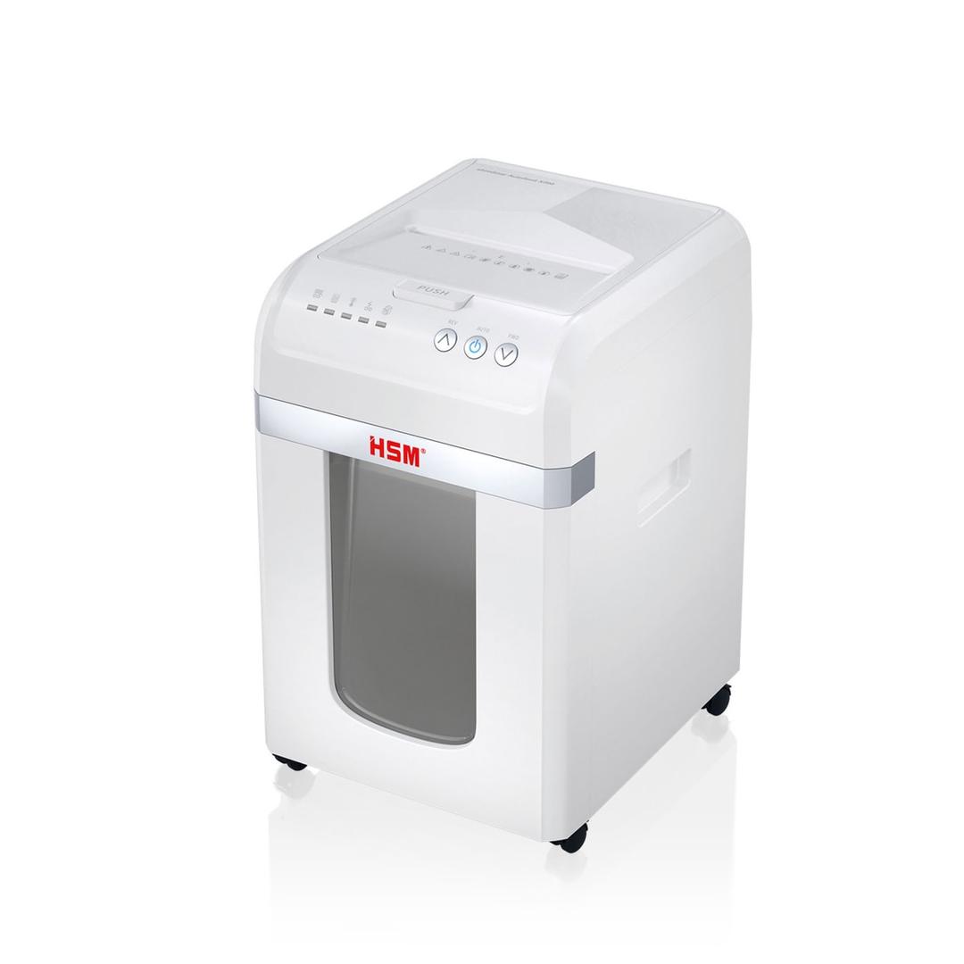 Destructeur de documents à alimentation automatique P-4 shredstar Autofeed X200 HSM — Destructeur de documents confidentiels Hsm Shredstar Autofeed X200 - 4 x 12 mm - Coupe croisée - P4 - Vue de trois quarts gauche - collecteur 30 litres vide
